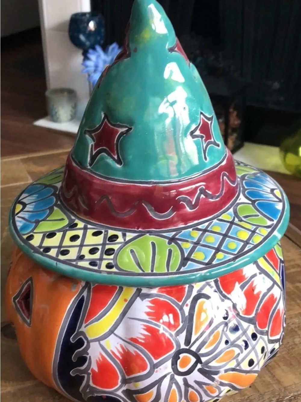 Talavera Colorful Ceramic Jack-O'-Lantern with Witch Hat